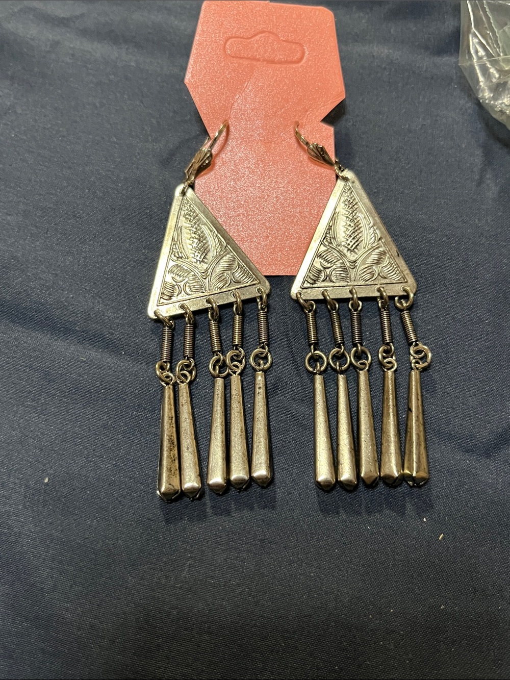 Vintage Silver-Tone Etched Triangle Fringe Dangle Earrings